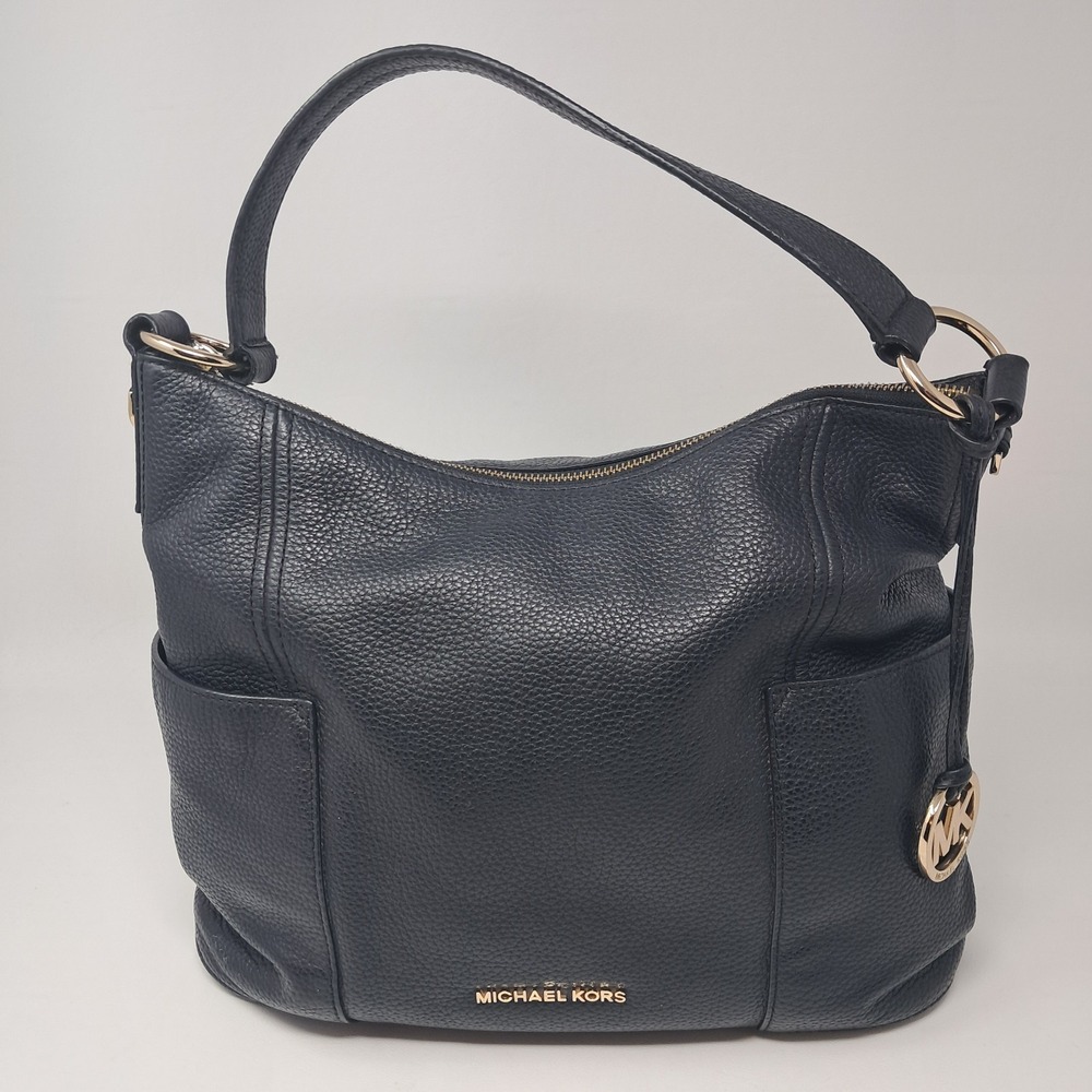 Michael Kors Hobo Bag Black Pebbled Leather Shoulder Purse Gold Ring Hardware MK